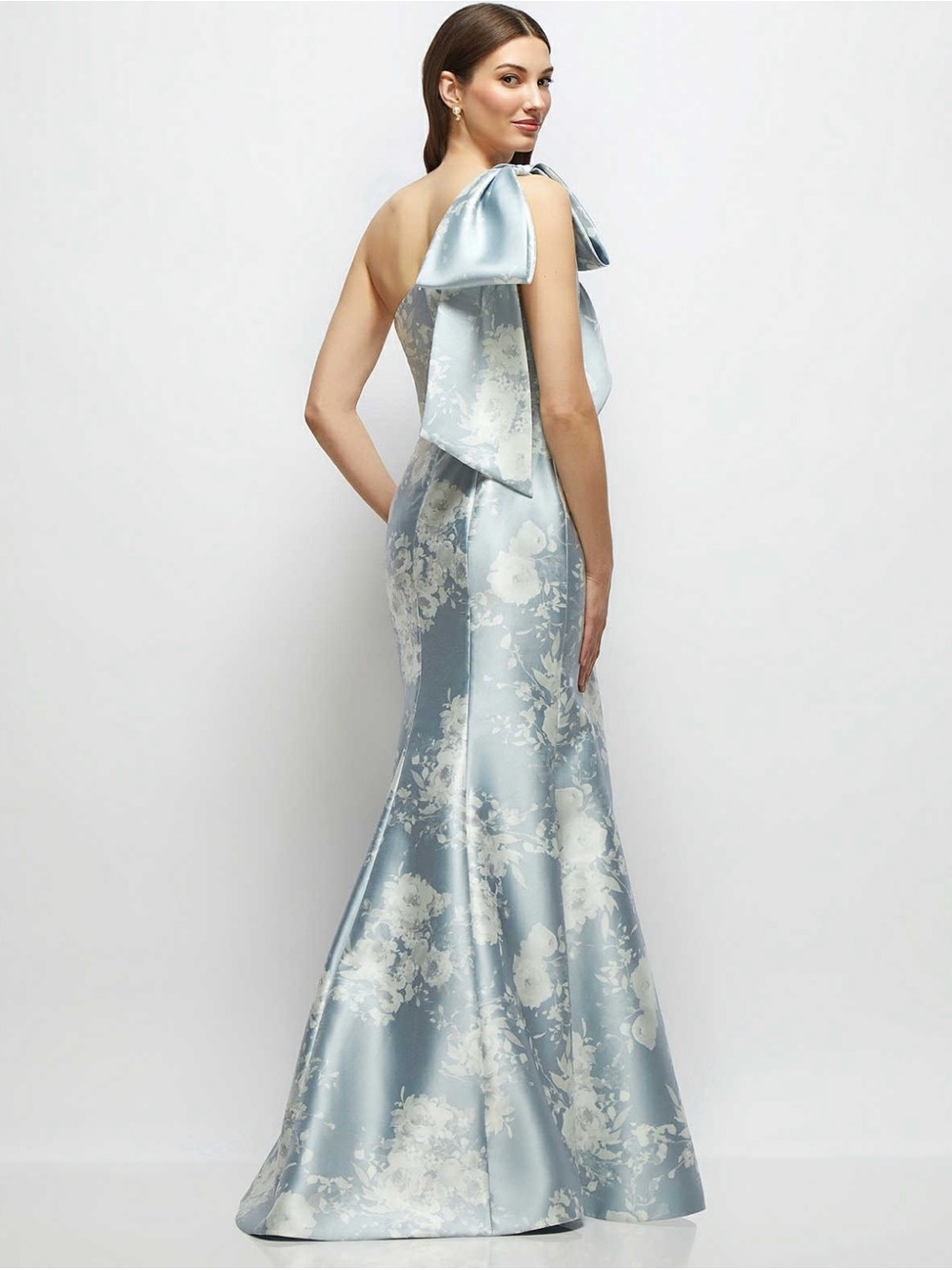 Dessy Elegant One-Shoulder Light Blue Floral Satin Gown- NWT